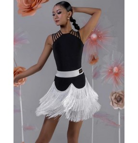 Women girls black with white tassels latin dance dresses salsa rumba chacha ballroom tango stage performance costumes for female